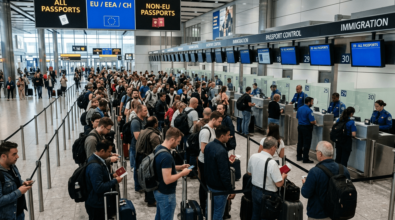 Travelers standing in line showing passports at airport immigration and passport control counters