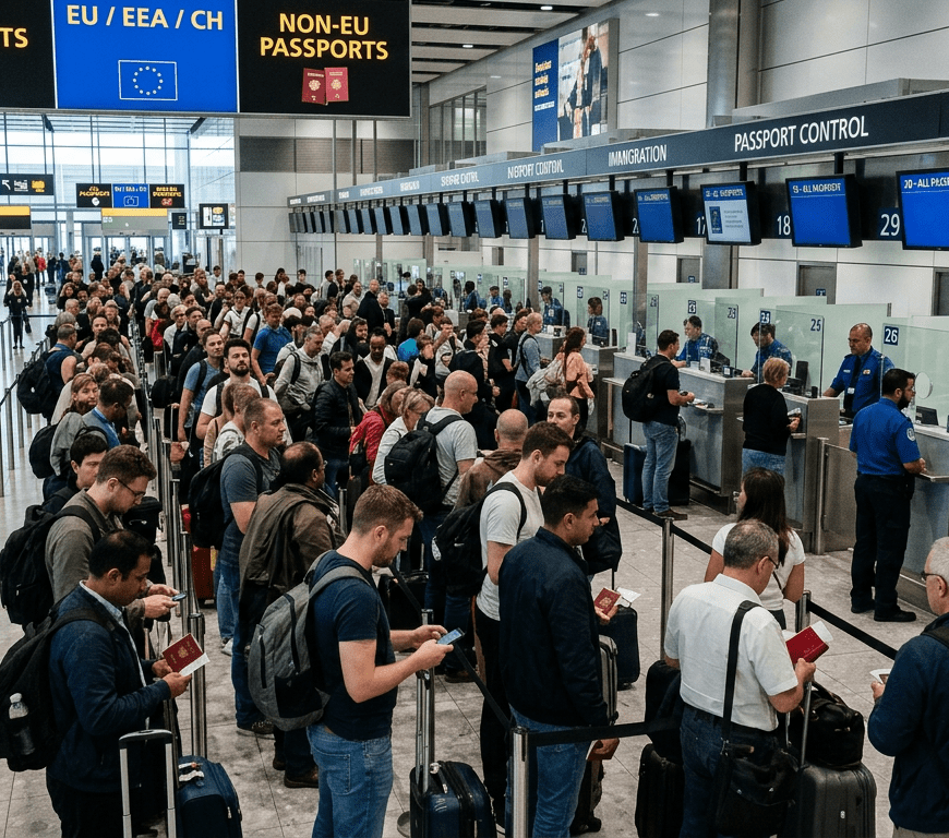 Travelers standing in line showing passports at airport immigration and passport control counters